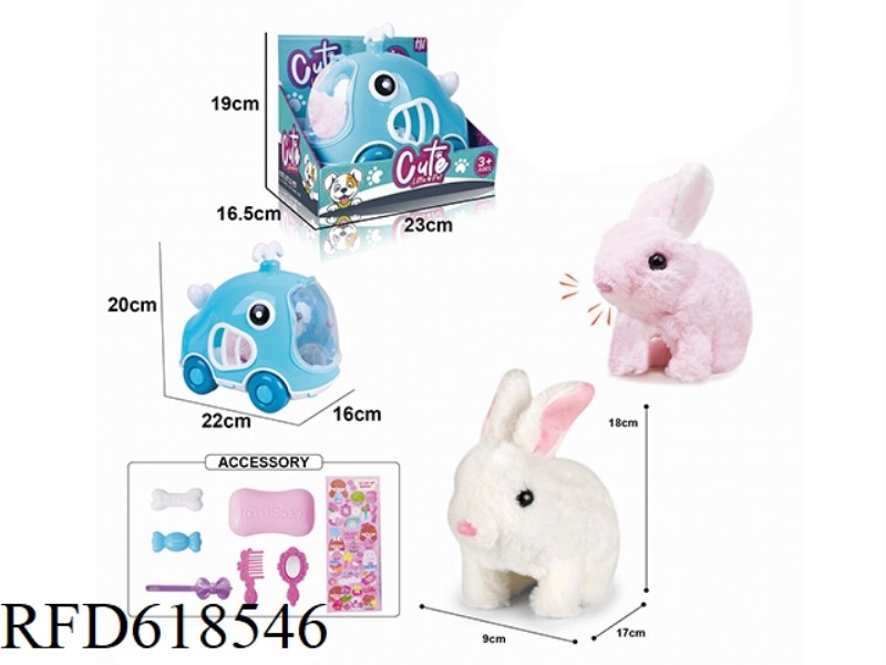 ELECTRIC PLUSH RED AND WHITE WALKING RABBIT + CAGE + ACCESSORIES