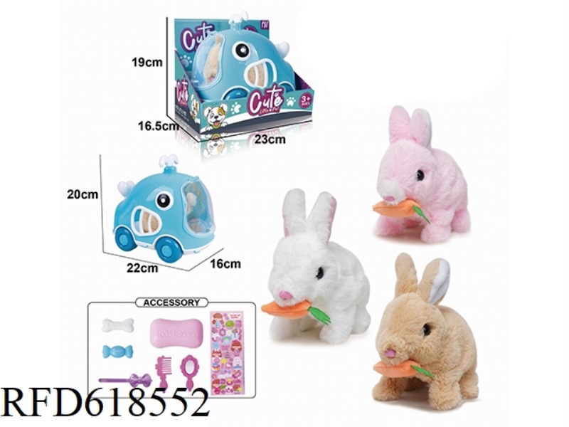 ELECTRIC PLUSH WALKING RABBIT BITES RADISH + CAGE + ACCESSORIES