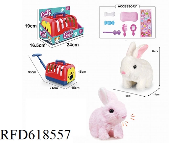 ELECTRIC PLUSH RED AND WHITE WALKING RABBIT + HAND CAGE + ACCESSORIES