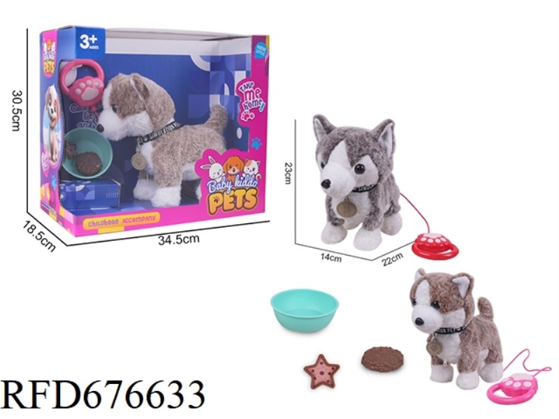 ELECTRIC LEASHED WALKING HUSKY, COFFEE/GRAY