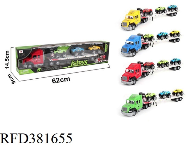 INERTIAL FLATBED TRUCK TOWING 3 PICKUP TRUCKS