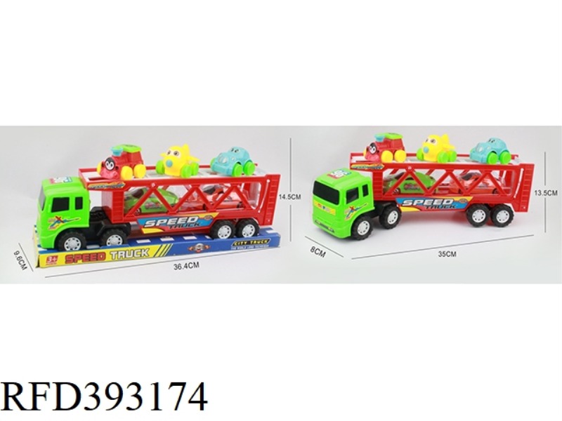 INERTIAL TRAILER CARRYING 2 SLIDING SPORTS CARS + 3 PULL BACK CARTOON FLEETS