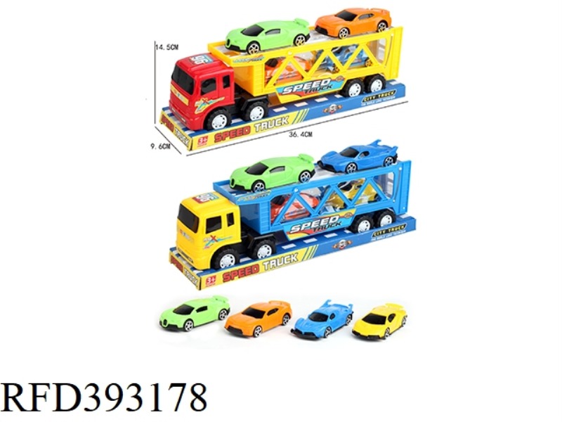 INERTIAL TRAILER CARRIES 2 SLIDING SPORTS CARS + 2 PULL BACK BIG SPORTS CARS