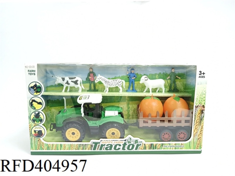 FARMER CARTS TOW ORANGE PEOPLE AND CATTLE, HORSES AND SHEEP