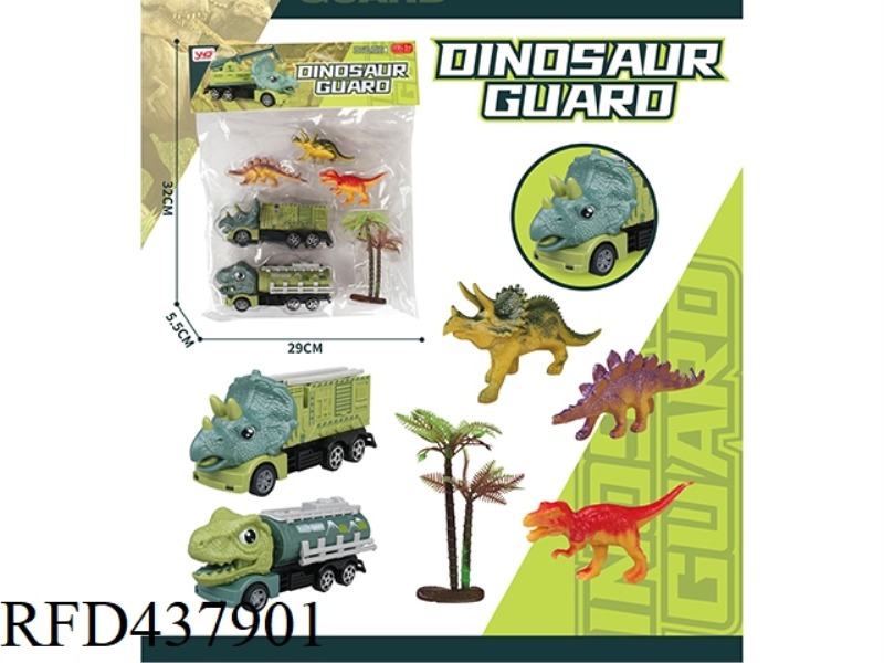 TRICERATOPS FIRE FIGHTING + TYRANNOSAURUS REX OIL TANKER, 3 SMALL DINOSAURS AND 1 TREE