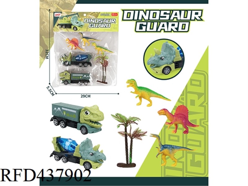 TRIANGLE DRAGON MUD TANK + TYRANNOSAURUS REX CONTAINER TRUCK, 3 SMALL DINOSAURS AND 1 TREE