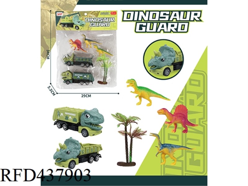 TRICERATOPS TIPPING BUCKET + TYRANNOSAURUS REX SANITATION VEHICLE, 3 SMALL DINOSAURS AND 1 TREE