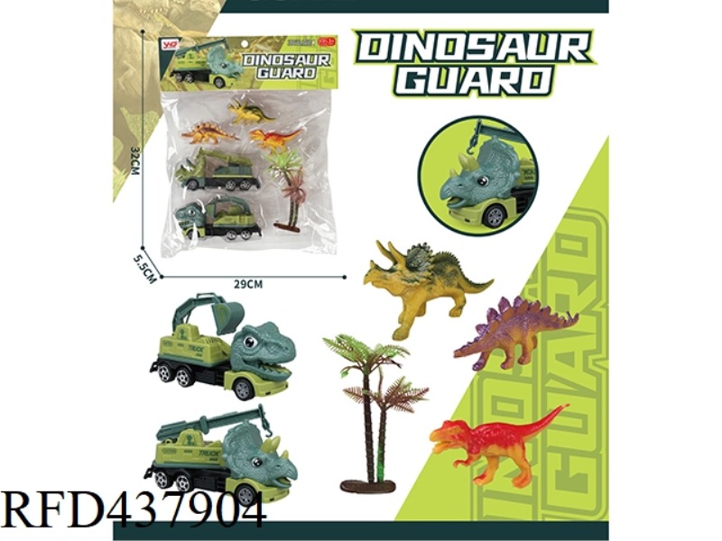 TRICERATOPS CRANE + TYRANNOSAURUS REX EXCAVATOR, 3 SMALL DINOSAURS AND 1 TREE