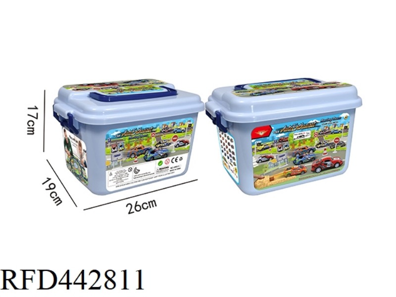 MIXED LOADING OF TIN CARS (1 RACING MAP / 9 ROAD SIGNS / CATAPULTS / 25 CARS / BARREL) 36PCS