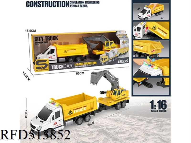 1:16 INERTIA DUMP TRUCK TOWING EXCAVATOR (WITH LIGHTS AND MUSIC)