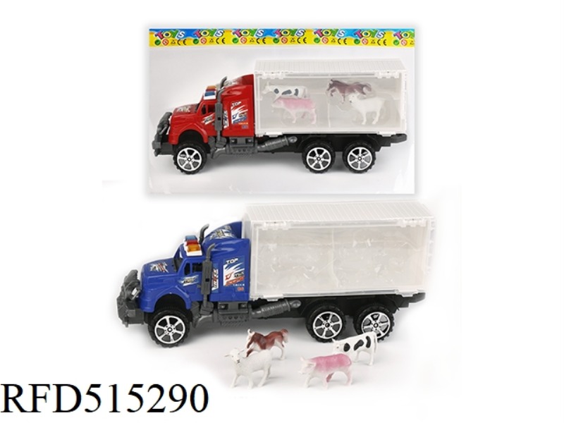 THE INERTIA TRACTOR BOX IS LOADED WITH CATTLE, HORSE, SHEEP AND PIG