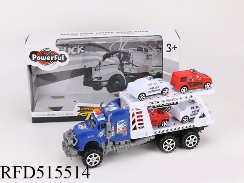 INERTIA TRACTOR TOWS FOUR SWEAT HORSE POLICE CARS (DOUBLE DECK)