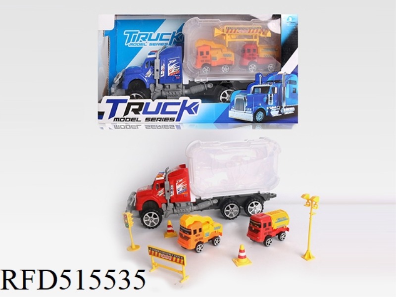 INERTIA CAR STORAGE BOX CONTAINS 2 ENGINEERING VEHICLES + 5 ROAD SIGNS