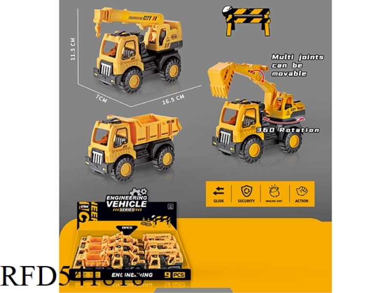 TRANSPORT VEHICLES, CRANES, EXCAVATORS INERTIAL ENGINEERING VEHICLES 3 MIXED 9PCS