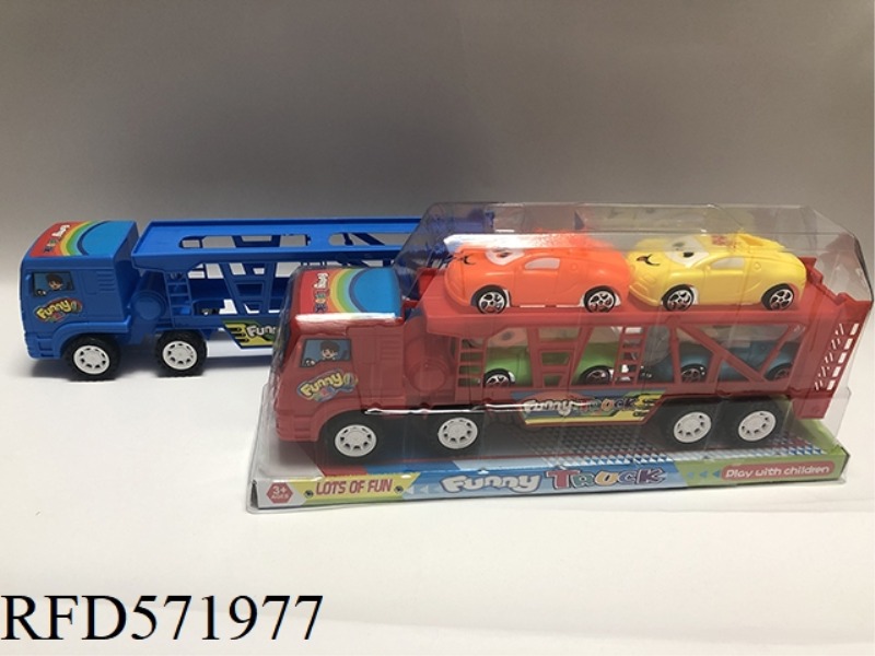 RED AND BLUE TRACTORS WITH CARTOON CAR