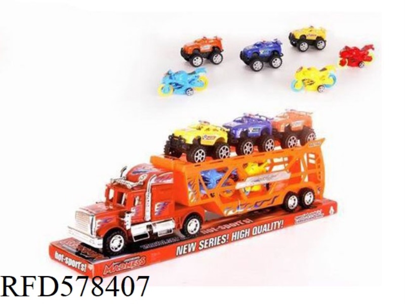 PAINTED INERTIA DOUBLE DECK FLAT CAR 3 POLICE CARS PLUS 3 SCOOTERS