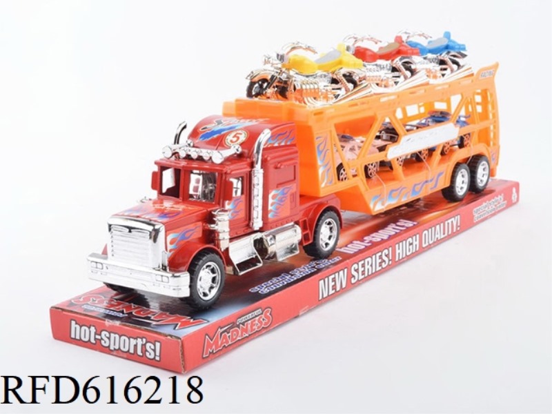 Spray-painted inertia double-deck flat car with 3 taxiing cars in Harega and 3 taxiing police cars.