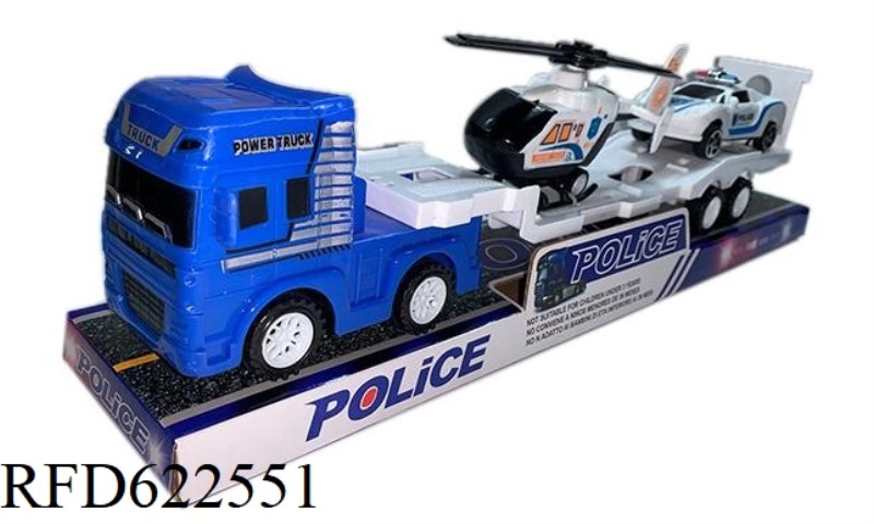 INERTIA TRAILER CARRYING PULL-BACK HELICOPTER + PULL-BACK POLICE CAR
