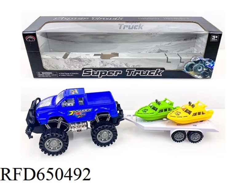 THE OFF-ROAD VEHICLE TOWED TWO SKIING BOATS