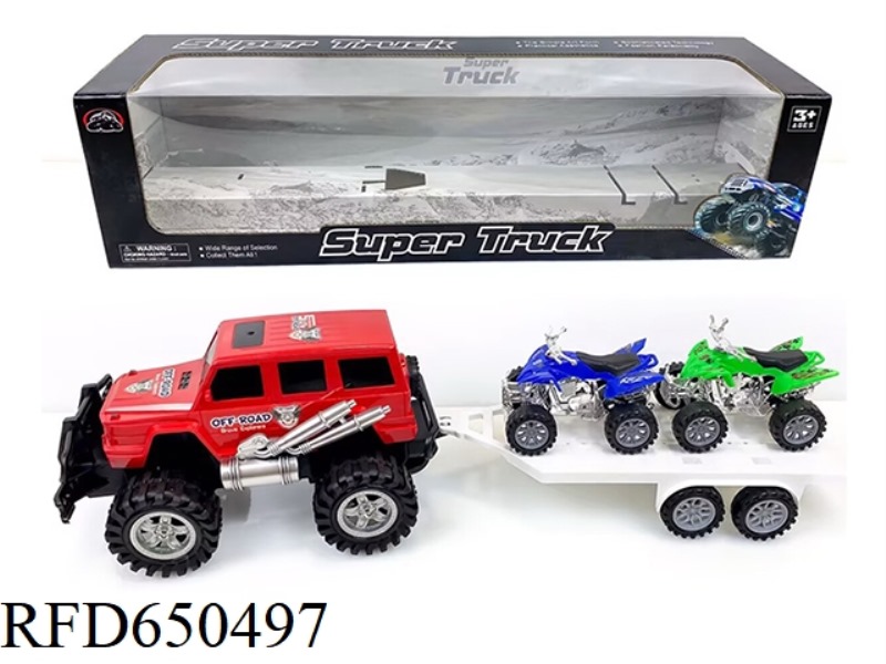 AN OFF-ROAD VEHICLE TOWED TWO SKIING ATVS