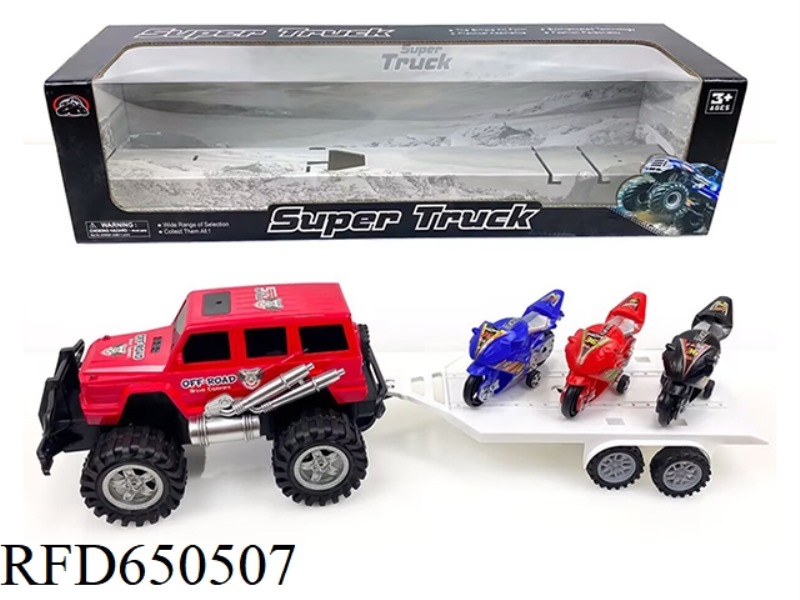 OFF-ROAD VEHICLE TOWING THREE SKIING MOTORCYCLES