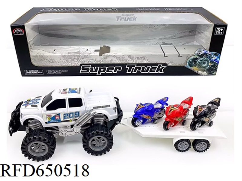 OFF-ROAD VEHICLE TOWING THREE SKIING MOTORCYCLES