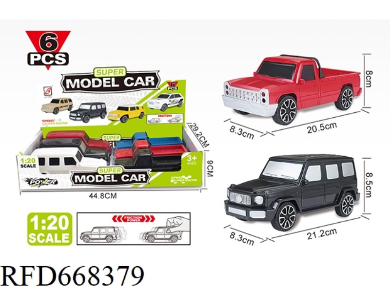 1:20 MERCEDES-BENZ G-CLASS/PICKUP TRUCK 2 MODELS OF SIMULATED INERTIAL VEHICLES (6 PIECES EACH)