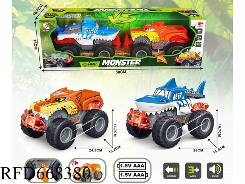 SOUND, LIGHT AND MUSIC MONSTER INERTIAL CAR (THREE-BUTTON) BATTERY-POWERED SHARK/TIGER CAR (MIXED DI