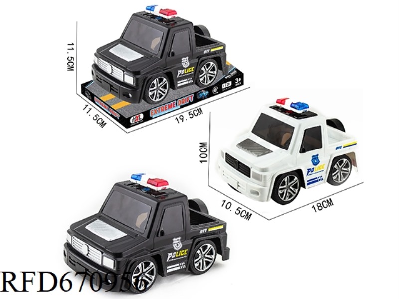 A Q-VERSION OF A MERCEDES-BENZ PICKUP TRUCK IS PRINTED WITH AN INERTIAL POLICE CAR