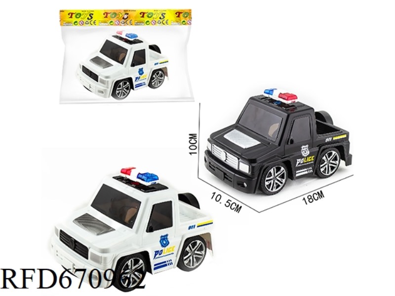 A Q-VERSION OF A MERCEDES-BENZ PICKUP TRUCK IS PRINTED WITH AN INERTIAL POLICE CAR