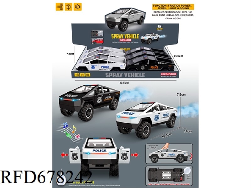 INERTIA/LIGHTS/MUSIC/OPENABLE DOORS/SPRAY/CYBER OFF-ROAD POLICE CAR (WITH WATER BOTTLE) 6 PIECES