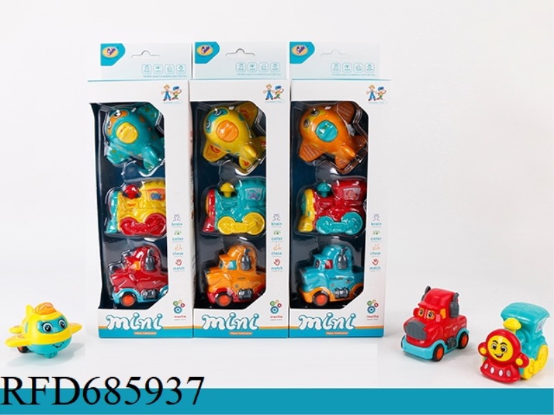 THREE TYPES OF CARTOON INERTIAL AIRCRAFT, TRAIN AND TRACTOR ARE MIXED AND ASSEMBLED