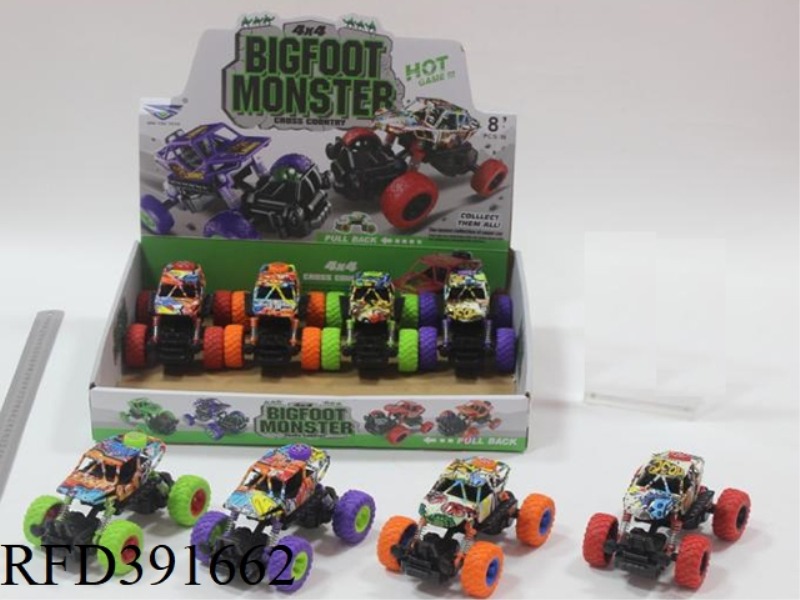 PLASTIC DOUBLE PULL-BACK CAR GRAFFITI PATTERN FOUR-COLOR MIXED 8PCS