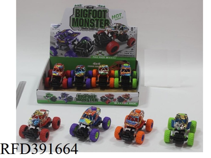 PLASTIC DOUBLE PULL BACK CAR, LIGHT, MUSIC, GRAFFITI PATTERN, FOUR-COLOR MIXED 8PCS