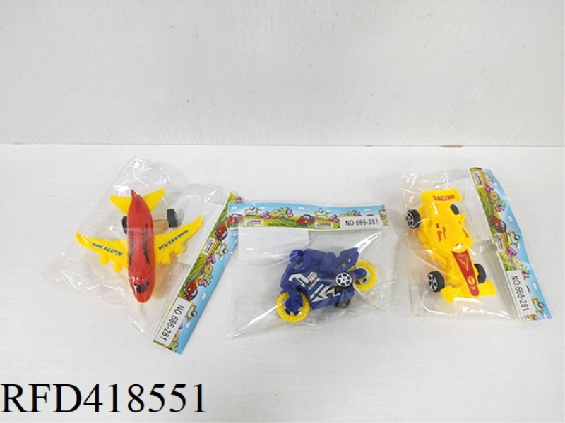 PULL BACK SOLID COLOR PASSENGER PLANE MOTORCYCLE FORMULA CAR (3 PCS)