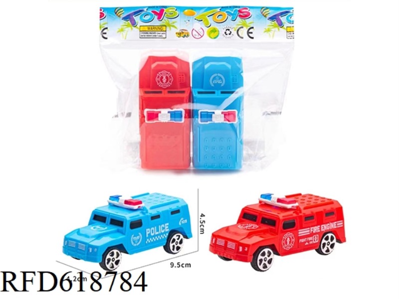TWO PULL-BACK POLICE AND FIRE ENGINES