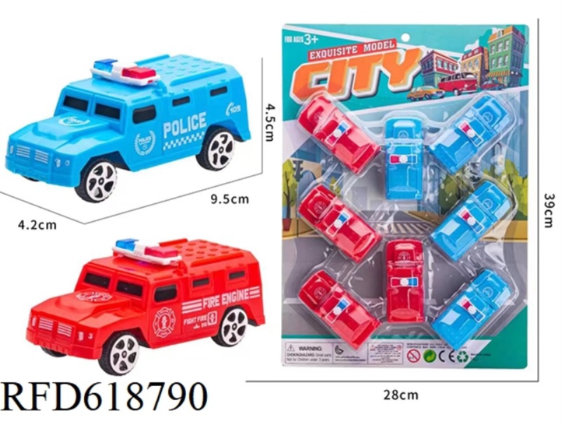EIGHT PULL-BACK POLICE AND FIRE ENGINES