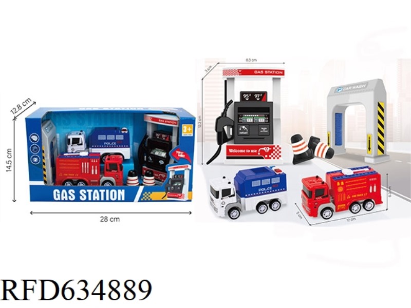 GAS STATION WITH IC SOUND POLICE CAR FIRE 2 CAR SET BOOMERANG BOY PLAY HOUSE TOY