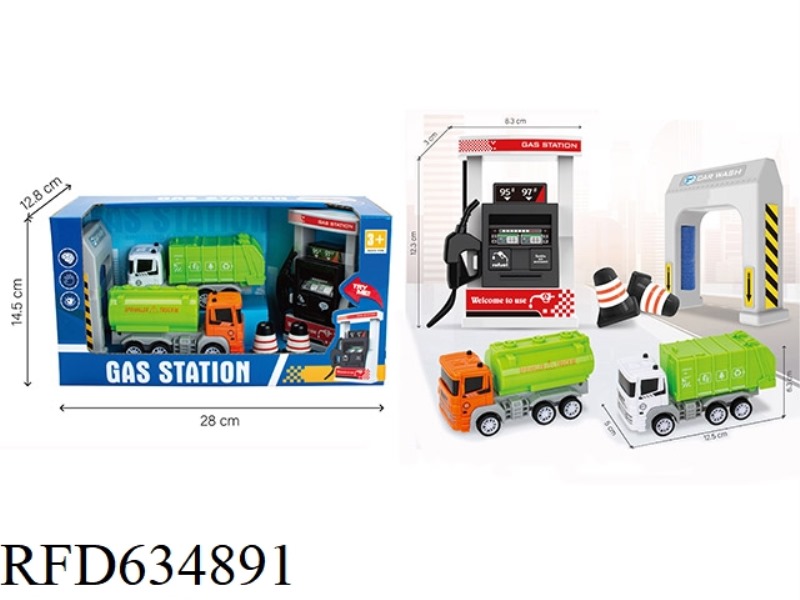 GAS STATION WITH IC SOUND 2 SANITATION TANK CAR SET PULL-BACK CAR BOY PLAY HOUSE TOY