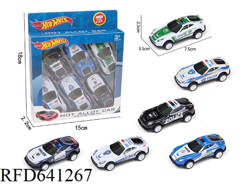 6 PULL-BACK TIN CARS AND POLICE CARS
