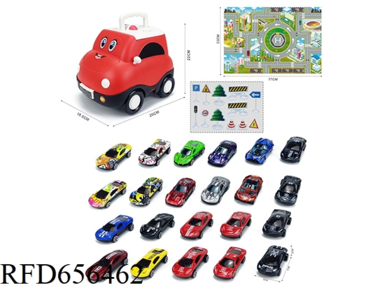 POLICE CAR STORAGE BUCKET (WITH 22 SLIDING ALLOY CARS +1 MAP +12 ROAD SIGNS)