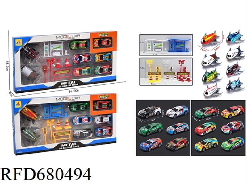 1:64 TINPLATE RALLY RACING CAR + RALLY AIRPLANE + ROAD SIGNS