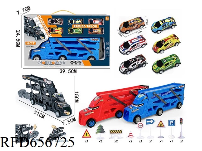 TRIPLE FOLDING EJECTION CAR WITH 6 JAI AI IRON RACERS +12 ROAD SIGNS