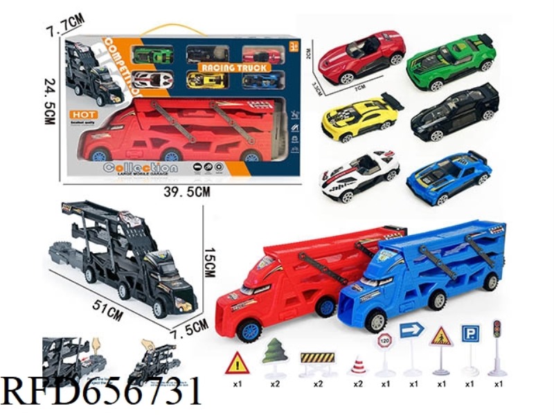 TRIPLE FOLDING EJECTION CAR WITH 6 SLIDING ALLOY RACERS +12 ROAD SIGNS