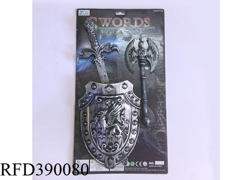 ANCIENT SILVER SINGLE SWORD AND SHIELD + AXE