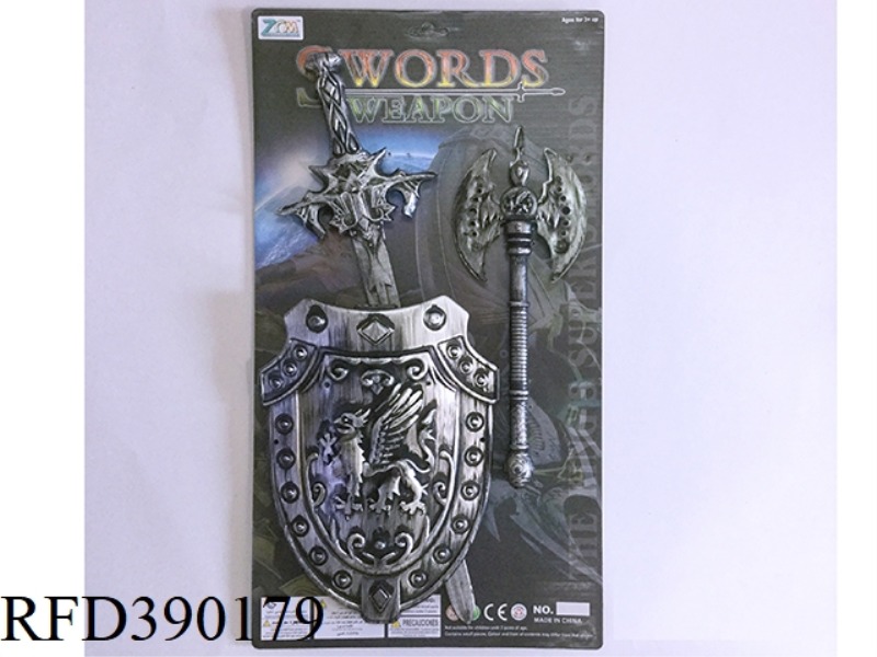 ANCIENT SILVER SINGLE SWORD AND SHIELD + AXE