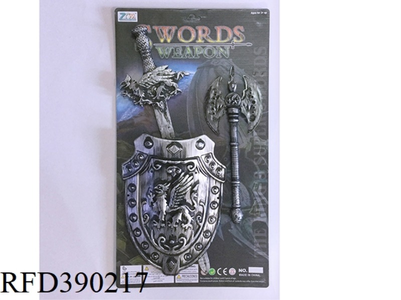 ANCIENT SILVER SINGLE SWORD AND SHIELD + AXE