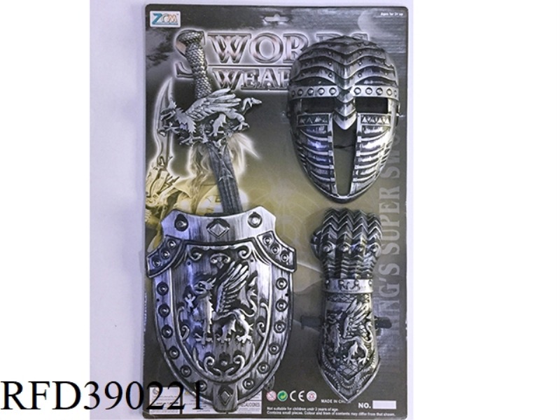 ANCIENT SILVER SINGLE SWORD AND SHIELD + MASK + WRIST GUARD