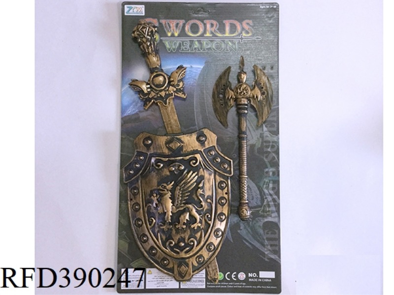 BRONZE SINGLE SWORD AND SHIELD + AXE