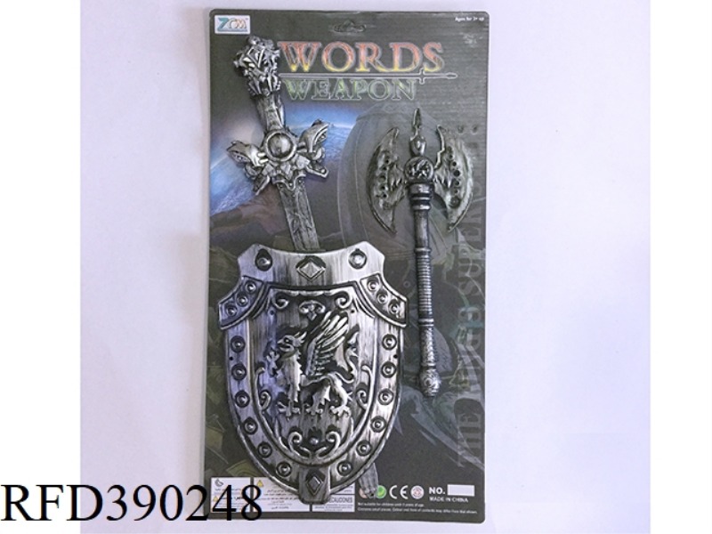 ANCIENT SILVER SINGLE SWORD AND SHIELD + AXE